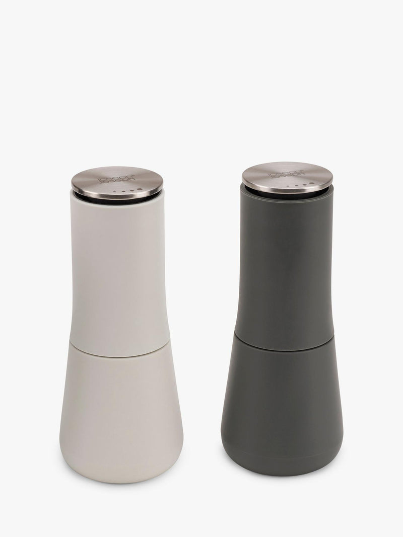 Joseph Joseph Milltop salt and pepper mills in light grey and charcoal