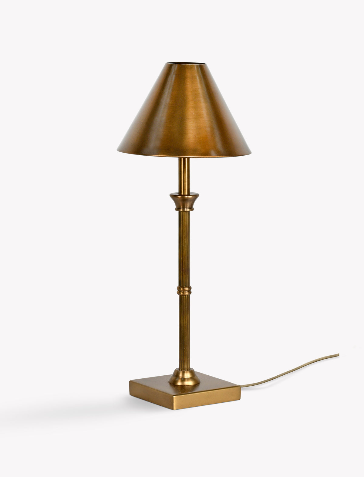 Kelmscot table lamp in antique brass with iron coolie shade on a plain white background
