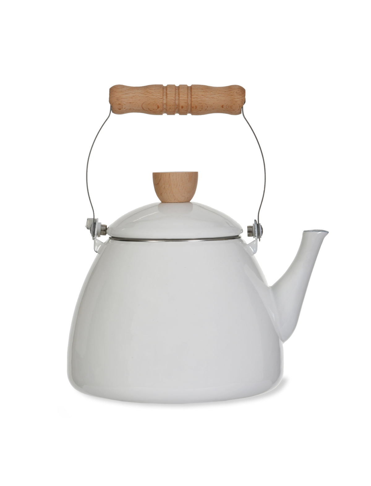 White enamel stove kettle with beech handle on a plain white background