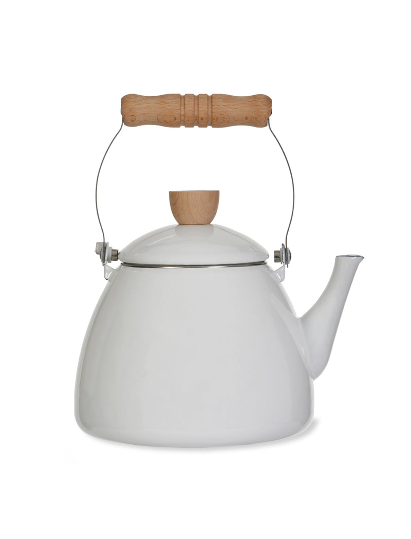 White enamel stove kettle with beech handle on a plain white background