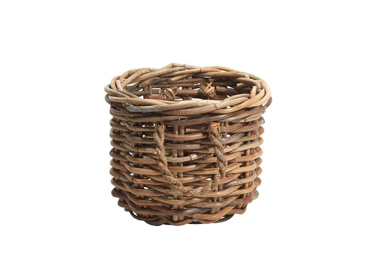 Small Rattan Chunky Basket in natural undyed rattan with rope handles, on a white background