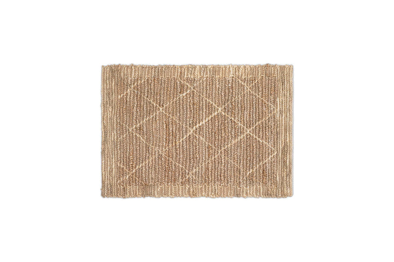 Nkuku Vandi handwoven natural jute doormat with woven diamond design on a white background