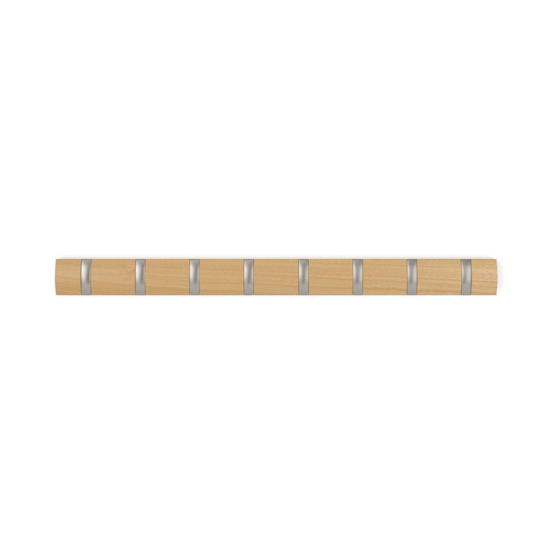 Umbra Flip 8 hook rail in natural wood with brushed nickel hooks on a white background
