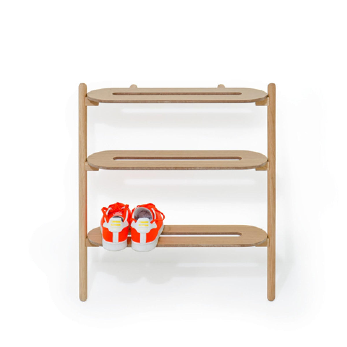 Wireworks Heel Bar leaning oak shoe rack on a plain white background