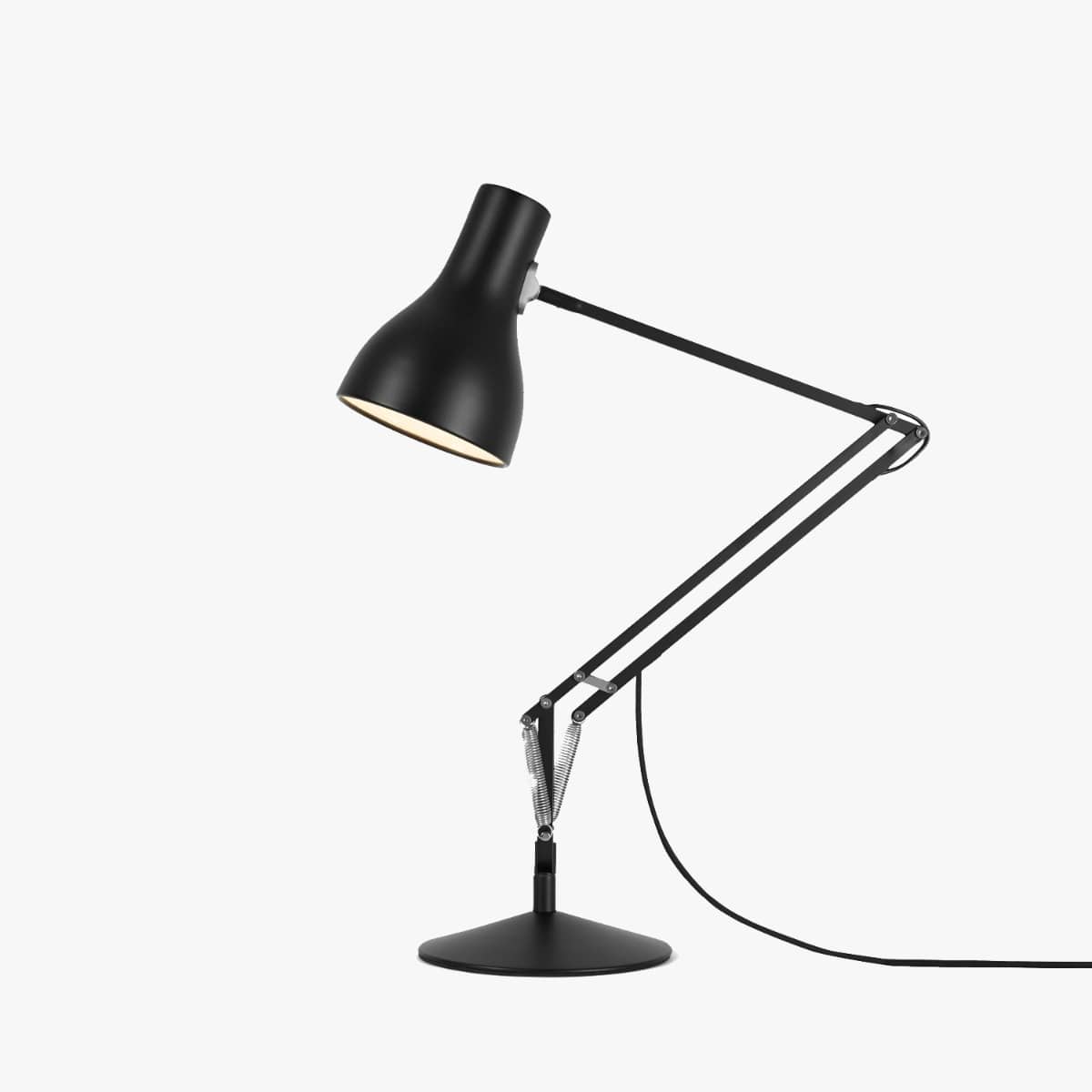Anglepoise Type 75 desk lamp in jet black on a plain white background, arm extended