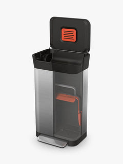 Titan 30L bin with the lid open, showing the compaction plate inside