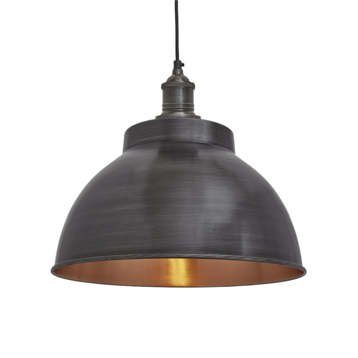 Brooklyn 13 inch dome pendant light with pewter shade, copper lining and pewter holder