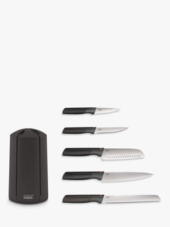 The five Elevate knives laid out beside the carousel block