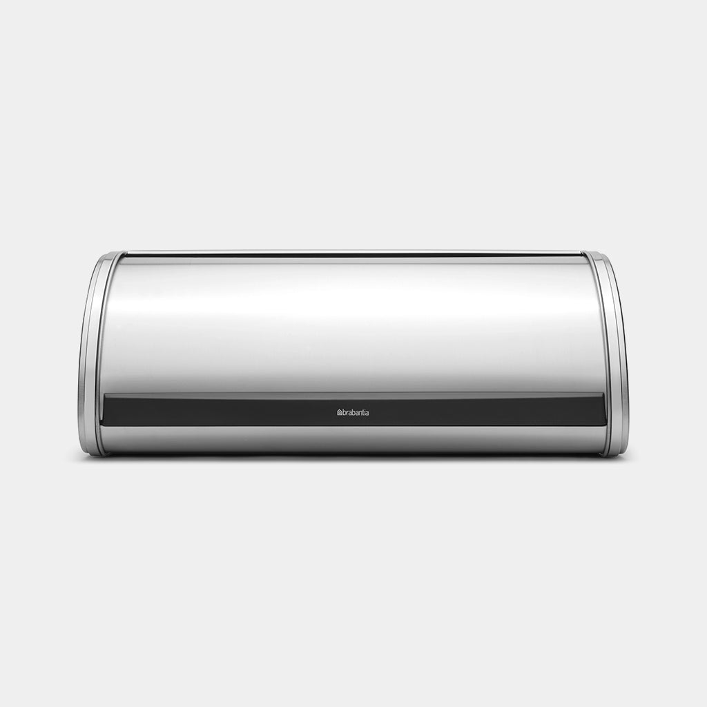 Brabantia Roll Top bread bin in matt steel, front view on a white background