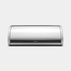 Brabantia Roll Top bread bin in matt steel, front view on a white background