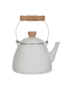 White enamel stove kettle with beech handle on a plain white background