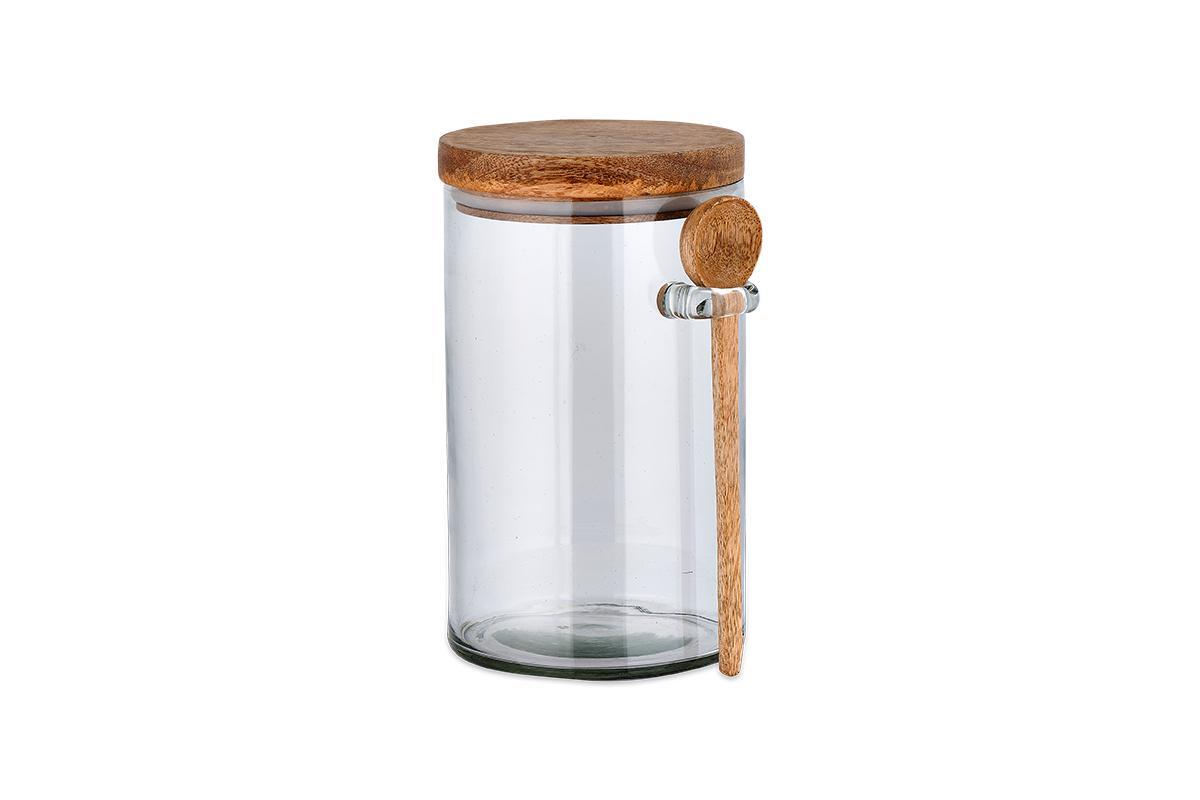Kossi large recycled glass storage jar with mango wood lid and wooden spoon, on a white background
