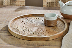 Close view of the Namuna tray on a wooden table with a stoneware mug
