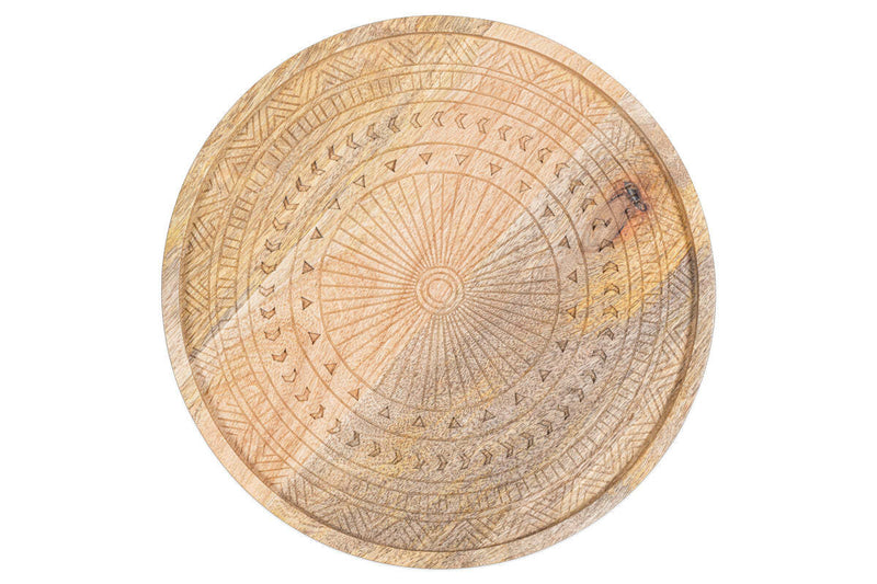 Namuna large mango wood tray viewed from above on a white background, showing the hand-etched radiating pattern