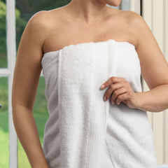Model wrapped in the white Christy Supreme jumbo bath sheet