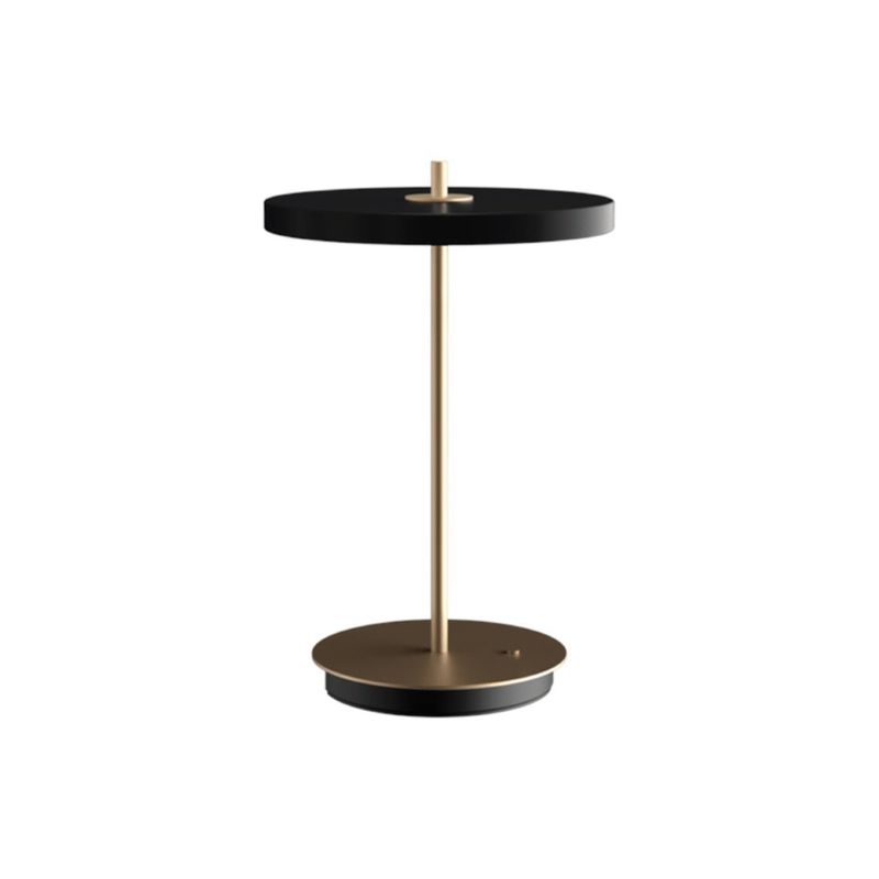 UMAGE Asteria Move portable table lamp in black with a brass-finish stem and base