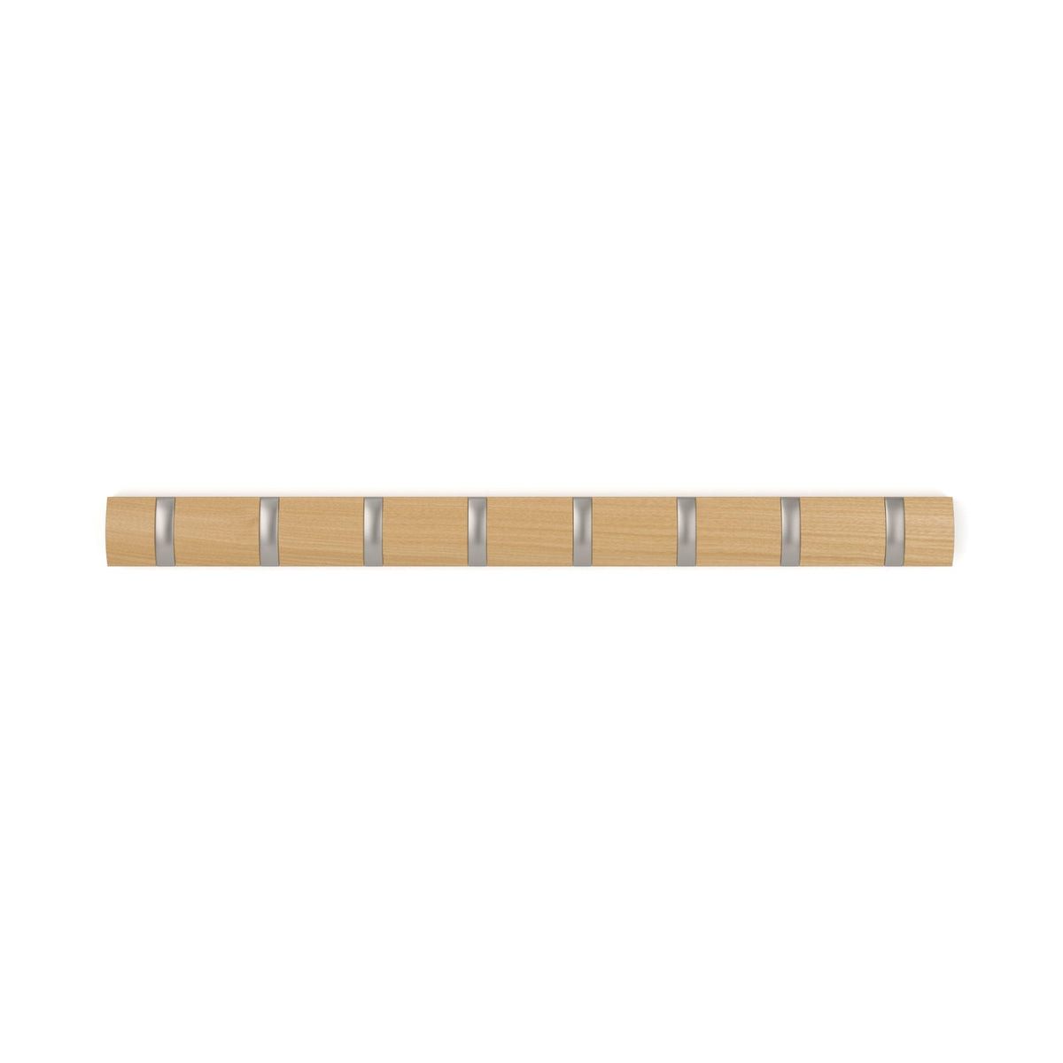 Umbra Flip 8 hook rail in natural wood with brushed nickel hooks on a white background