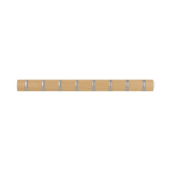 Umbra Flip 8 hook rail in natural wood with brushed nickel hooks on a white background